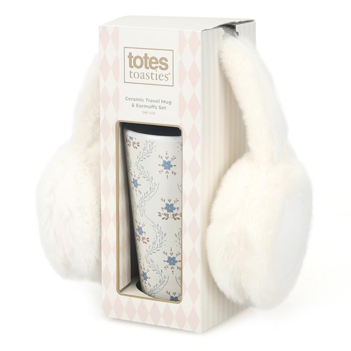 totes toasties® Ladies Ceramic Travel Mug & Earmuff Set Blue Floral / Cream Extra Image 1